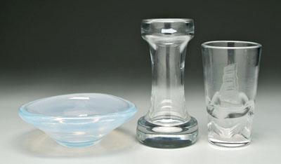 Appraisal: Three pieces modern art glass barbell shaped clear glass vase