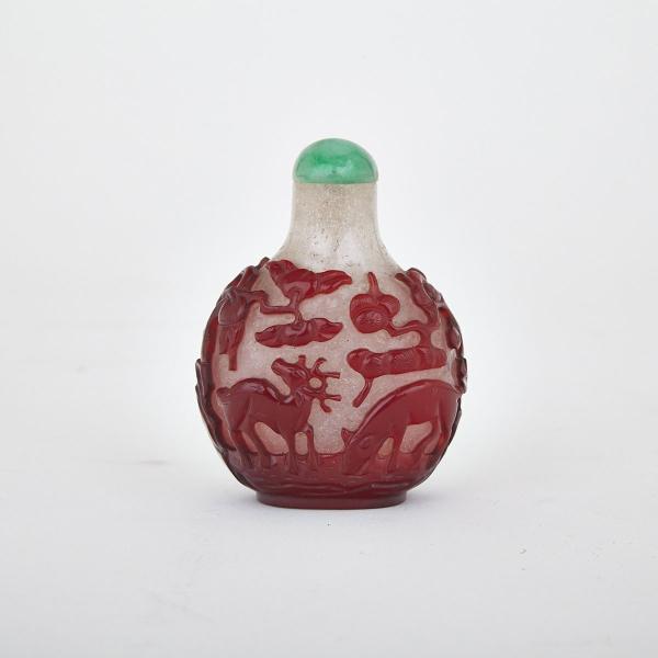 Appraisal: Red Overlay White Snuff Bottle th th Century With deer