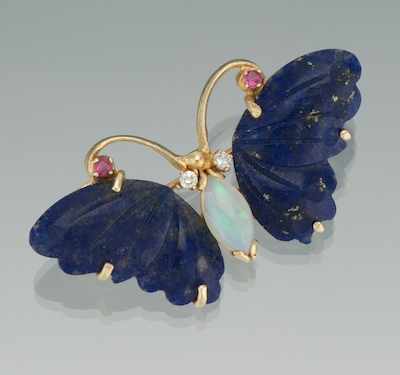 Appraisal: A Carved Lapis Opal and Diamond Butterfly Brooch Mounted in