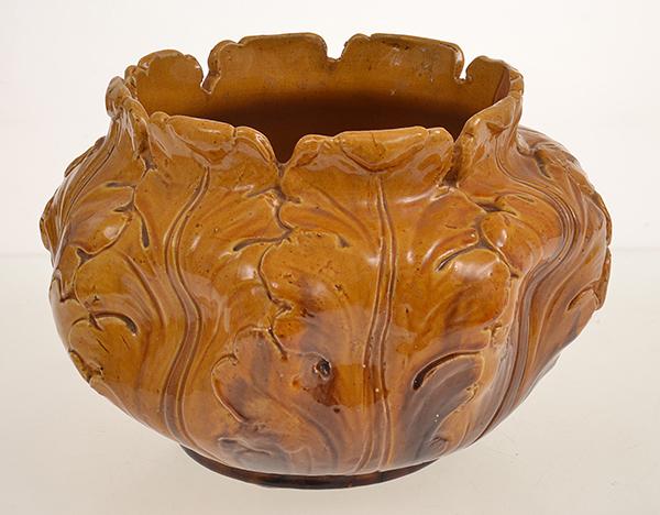 Appraisal: WILLIAM FERRY VICTORIA ART POTTERY LEAF FORMED MAJOLICA JARDINIERE INCISED