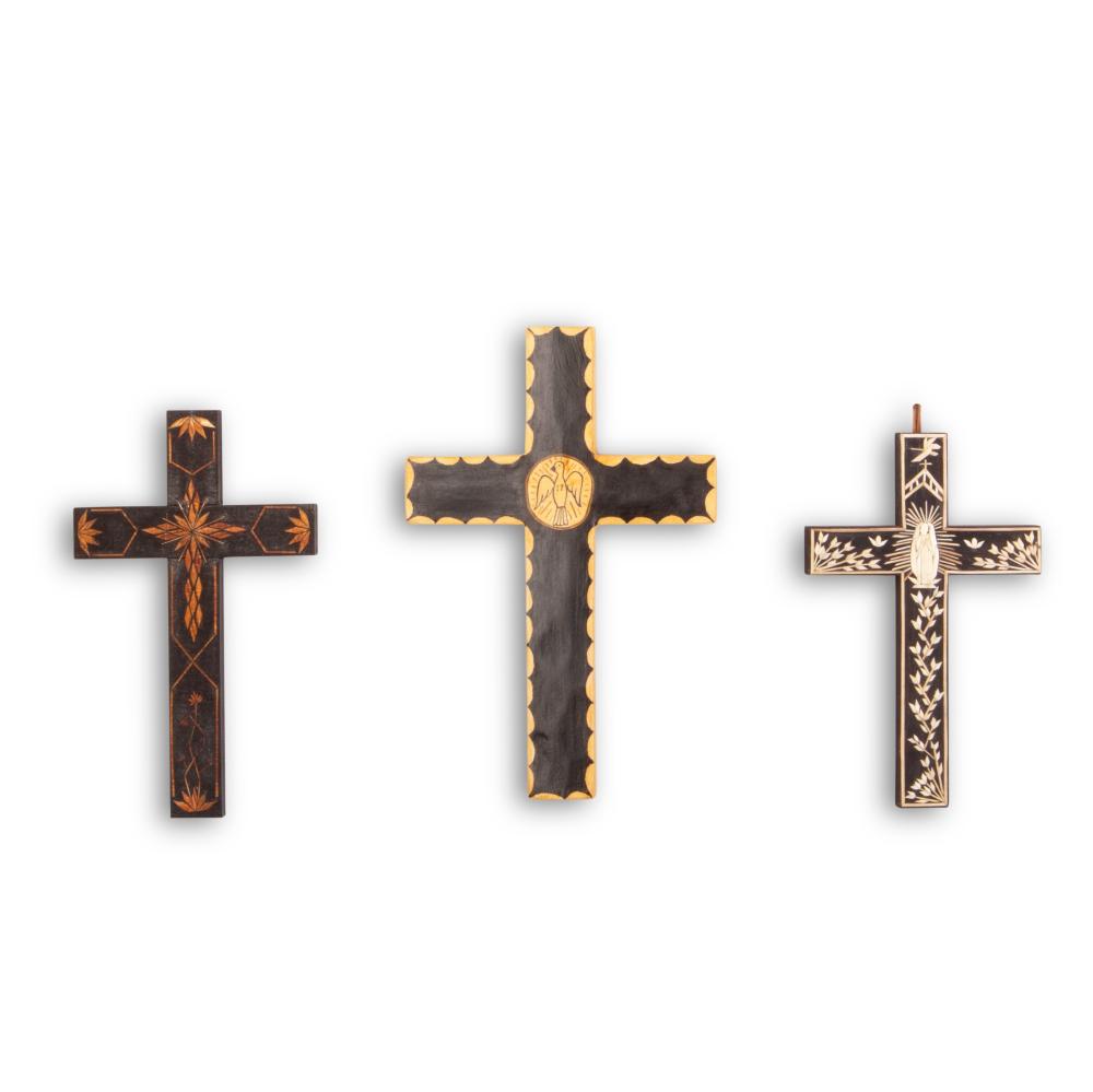 Appraisal: GROUP OF CROSSES WOODEN CROSS VIRGIN DE GUADALUPE STRAW APPLIQU