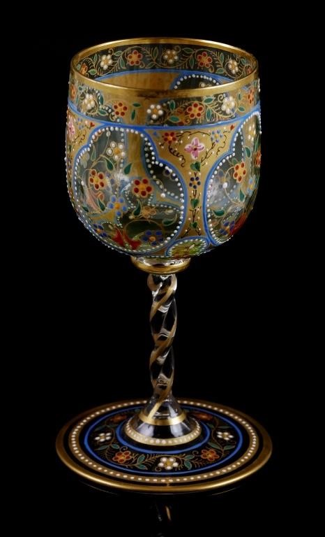 Appraisal: Antique Bohemian claret or wine glass with ornate hand-painted designs