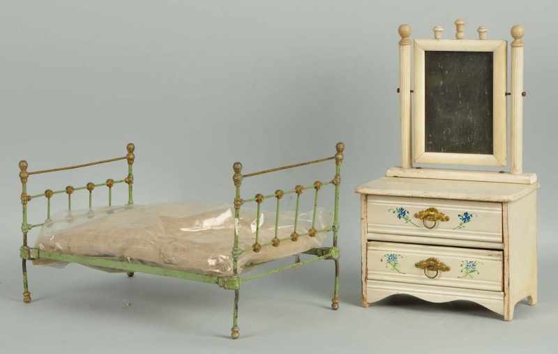 Appraisal: Lot of Doll Size Furniture Pieces Description Antique metal bed