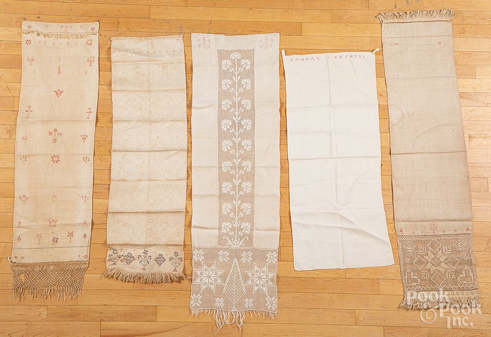 Appraisal: Embroidered and drawn work show towels Nine Pennsylvania embroidered and