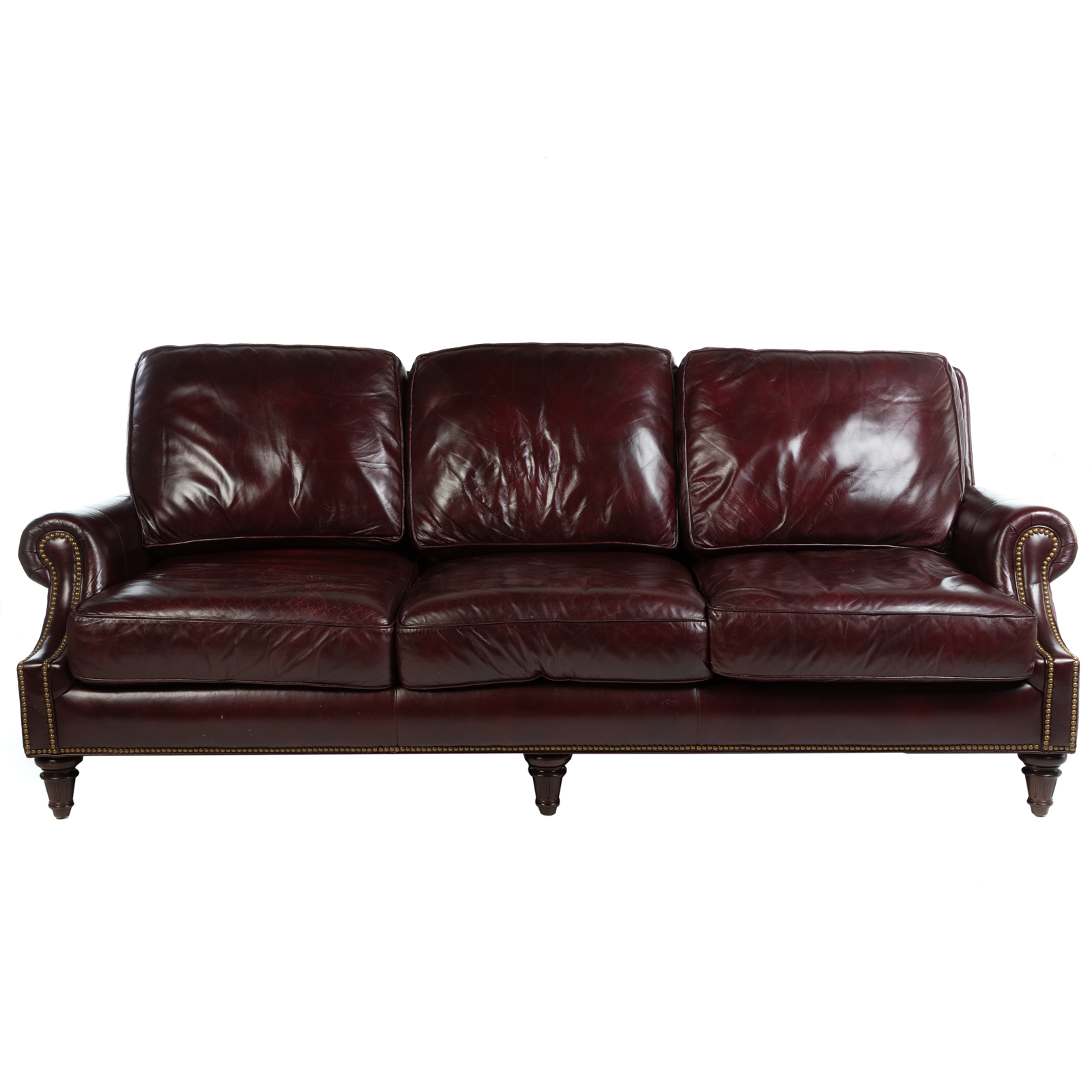 Appraisal: HANCOCK MOORE LEATHER THREE-CUSHION SOFA th century burgundy leather with