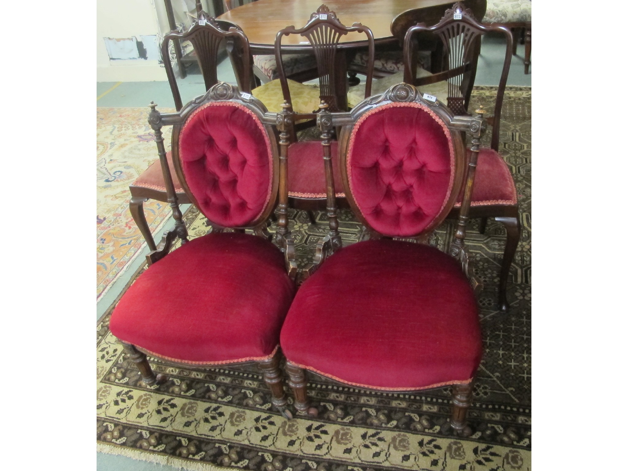 Appraisal: Pair of Victorian parlour chairs with three matching Edwardian mahogany