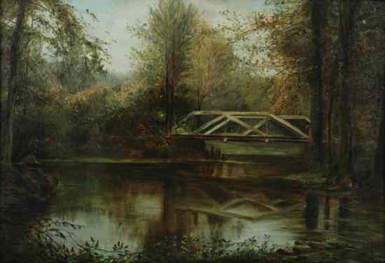 Appraisal: AMERICAN SCHOOL th th century FOOT BRIDGE OVER CREEK oil