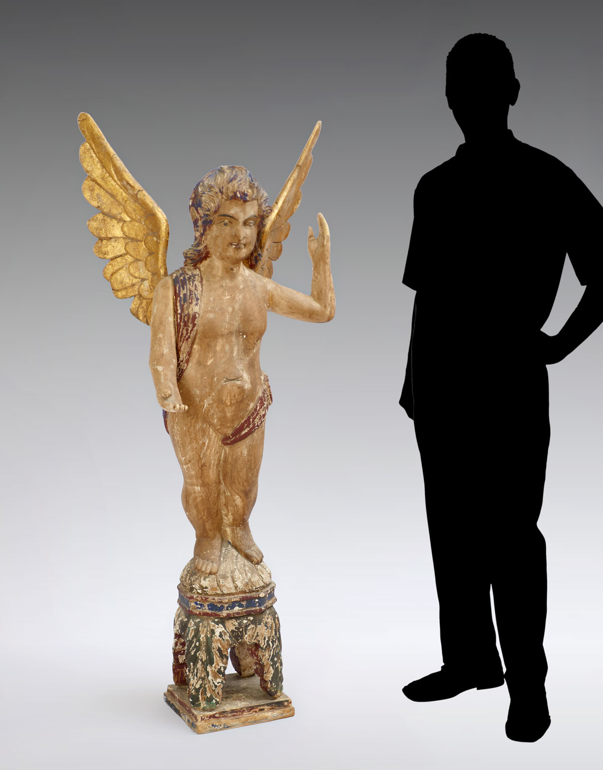 Appraisal: LARGE CONTINENTAL EARLY CARVED WOODEN ANGEL Carved polychrome angel standing