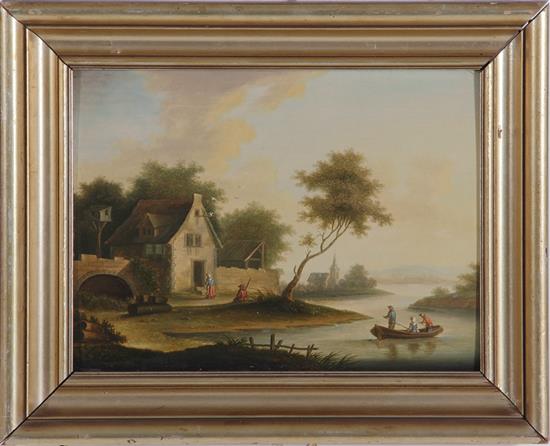 Appraisal: Continental school th century RIVER LIFE LANDSCAPE oil on panel