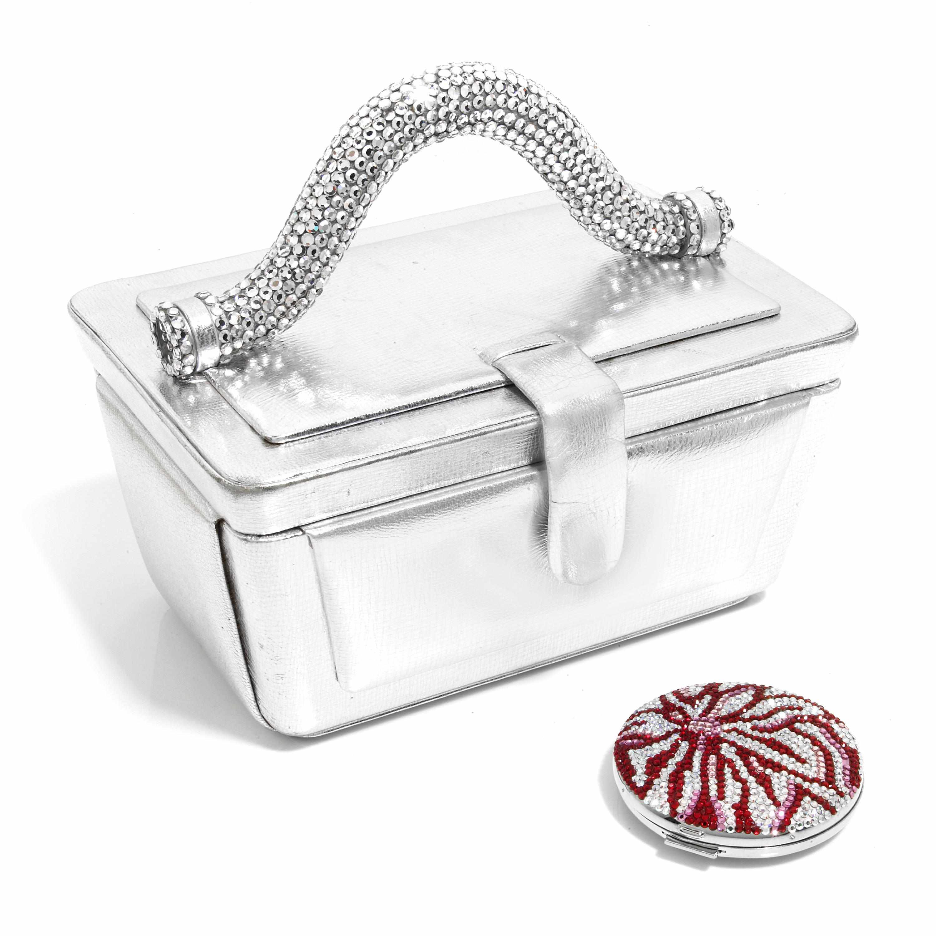 Appraisal: A silver leather and crystal bag together with a red