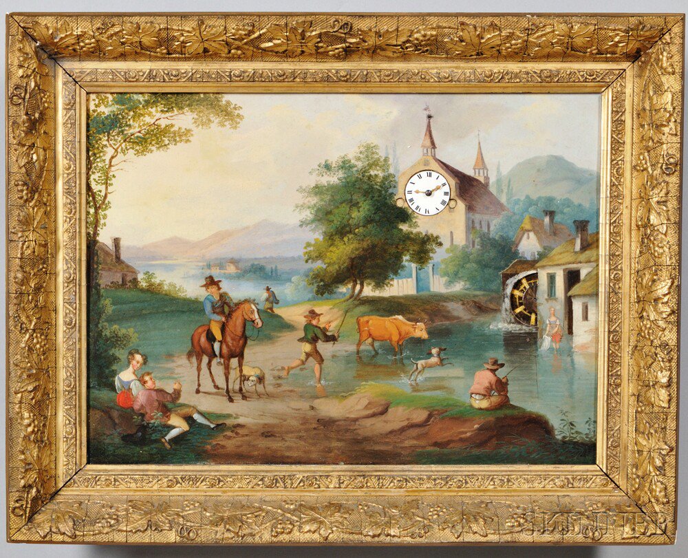 Appraisal: Austrian Animated Picture Frame Clock c oil painting on iron