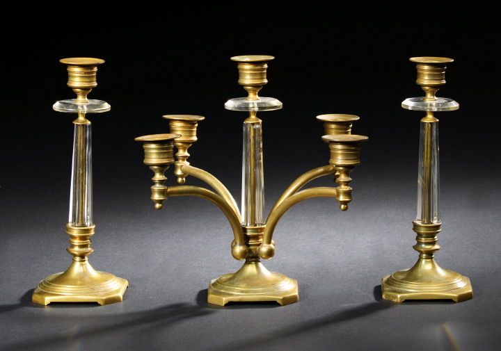 Appraisal: Unusual American Three-Piece Glass And Brass Table Garniture of Small