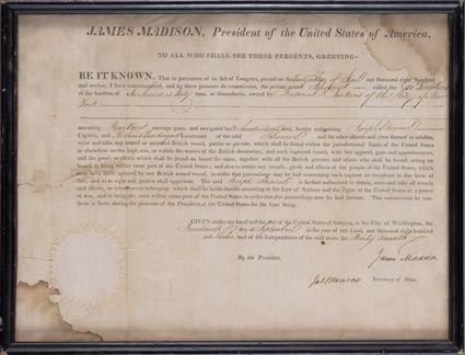 Appraisal: JAMES MADISON JAMES MONROE - SIGNED DOCUMENT Washington September Privateer