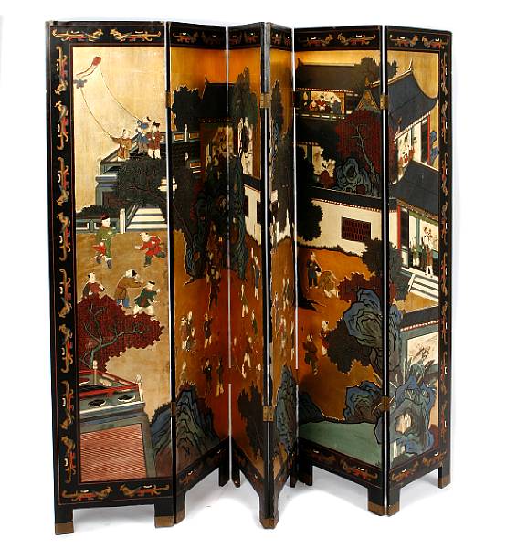 Appraisal: A six panel gilt and paint decorated screen height ft