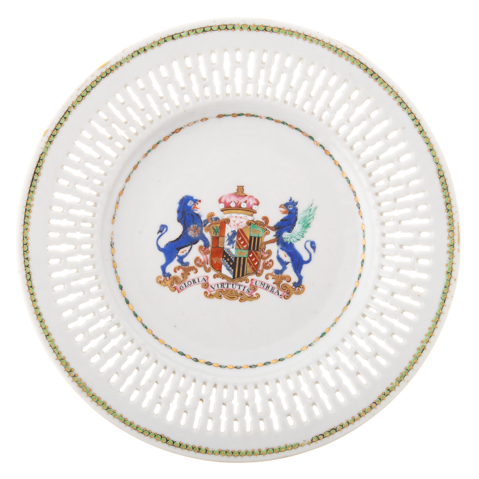 Appraisal: CHINESE EXPORT ARMORIAL DESSERT PLATE Circa reticulated border dessert plate