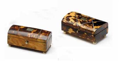 Appraisal: Two miniature tortoiseshell caskets th century Each of rectangular form