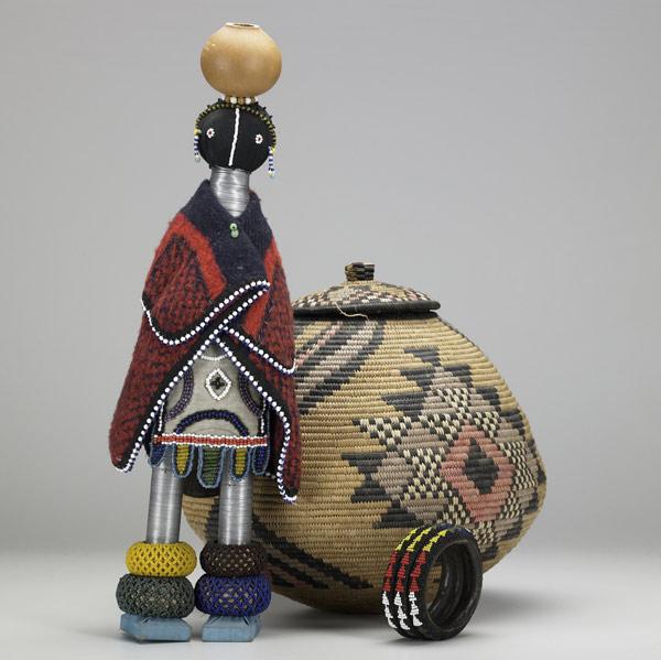 Appraisal: SOUTH AFRICAN ART Three pieces Zulu doll adorned with beads