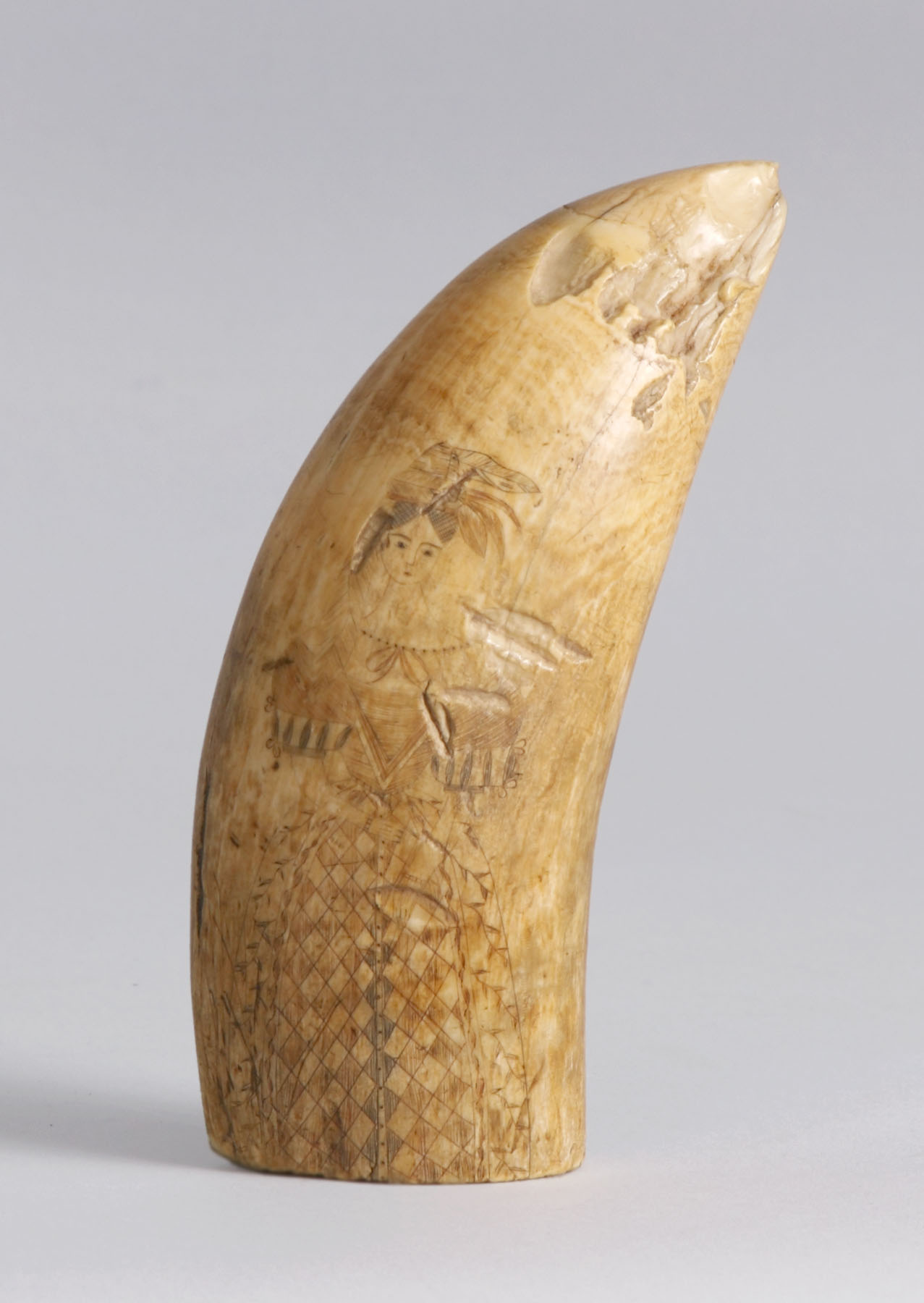 Appraisal: th Cent Scrimshaw Depicting woman in dress w feathers in