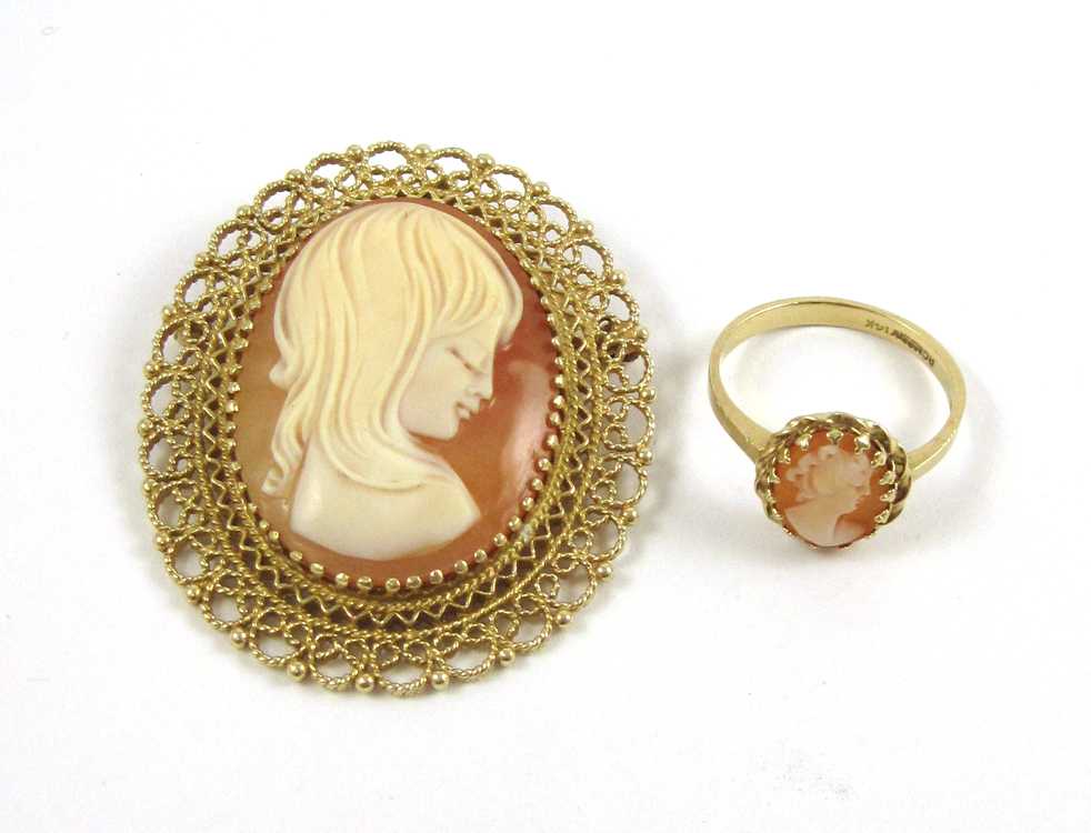 Appraisal: TWO ARTICLES OF CAMEO AND YELLOW GOLD JEWELRY including an