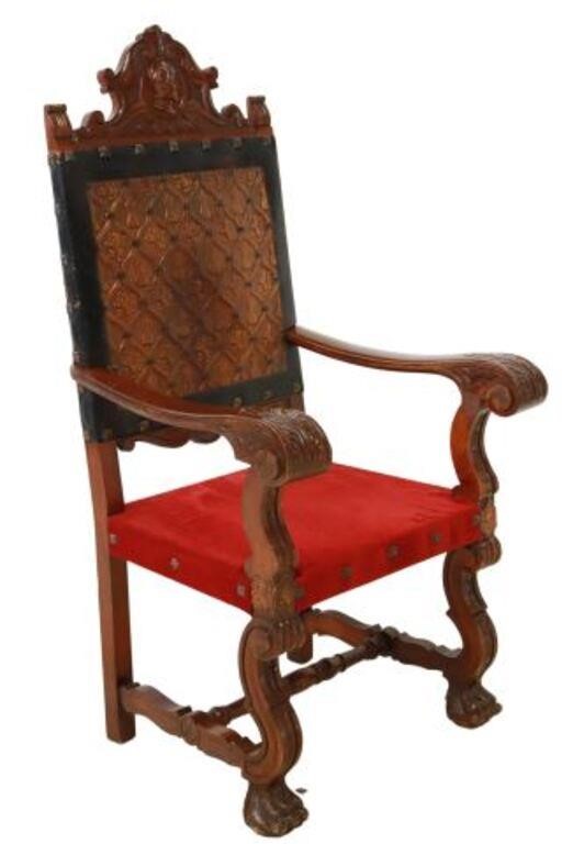 Appraisal: Renaissance Revival throne armchair early th c scrolling foliate crest