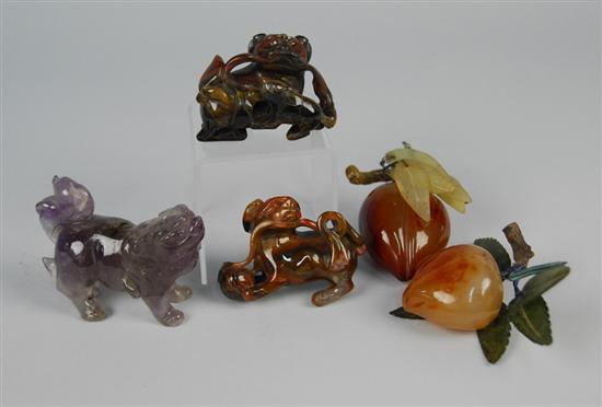 Appraisal: THREE CHINESE CARVED HARDSTONE FIGURES OF FOO DOGS and TWO