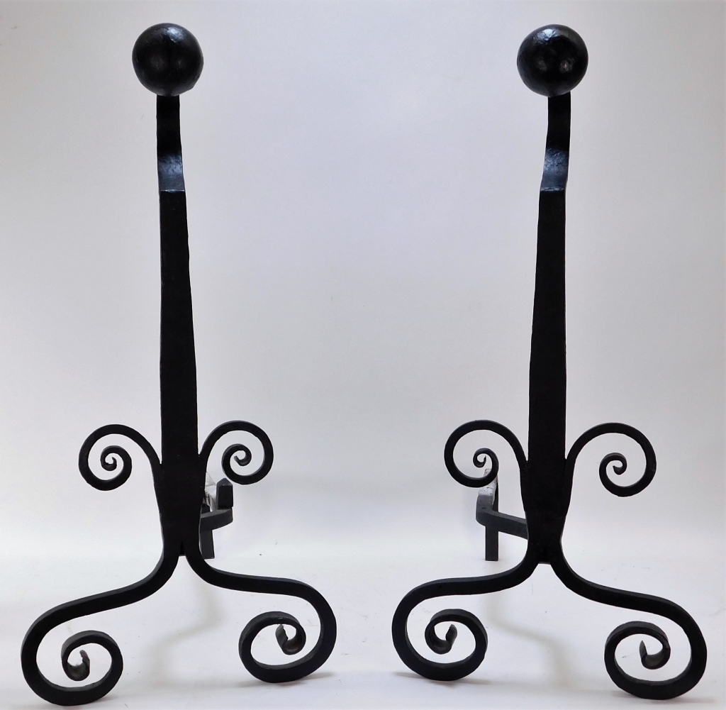 Appraisal: ANTIQUE WROUGHT IRON CANNONBALL TOP ANDIRONS United States - th