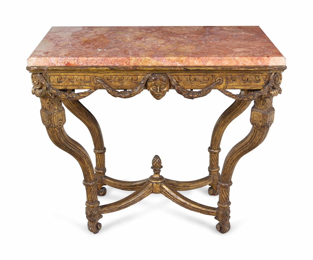 Appraisal: An Italian Giltwood Marble-Top Center Table An Italian Giltwood Marble-Top