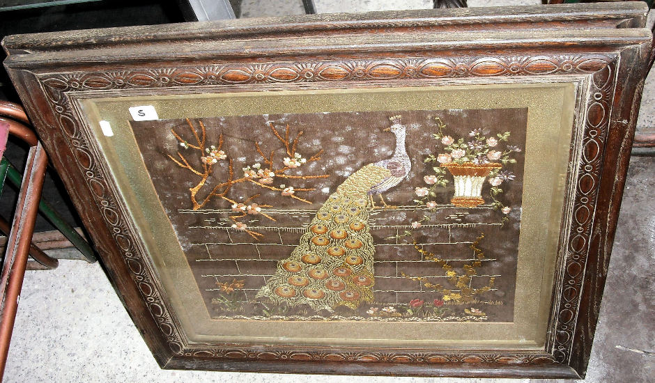 Appraisal: Pair Victorian Taperstries of Peacocks in carved Oak Frames