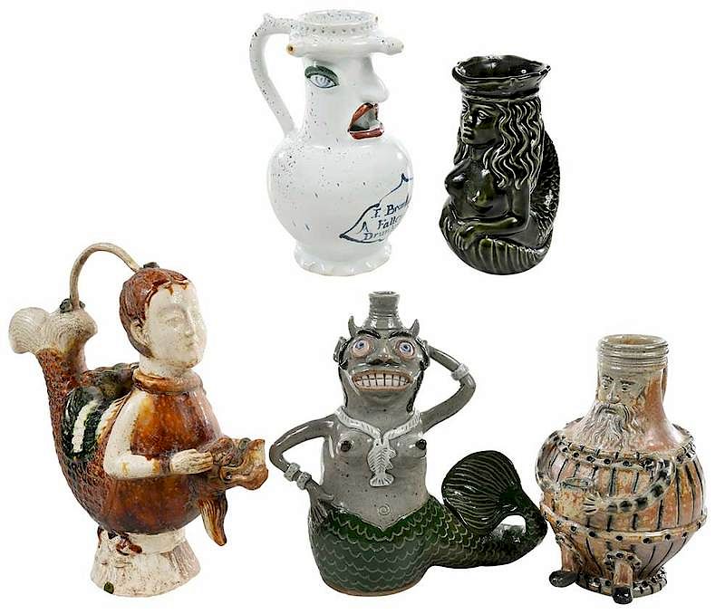 Appraisal: Five Contemporary Figural Pottery Vessels ewer with fish human figure