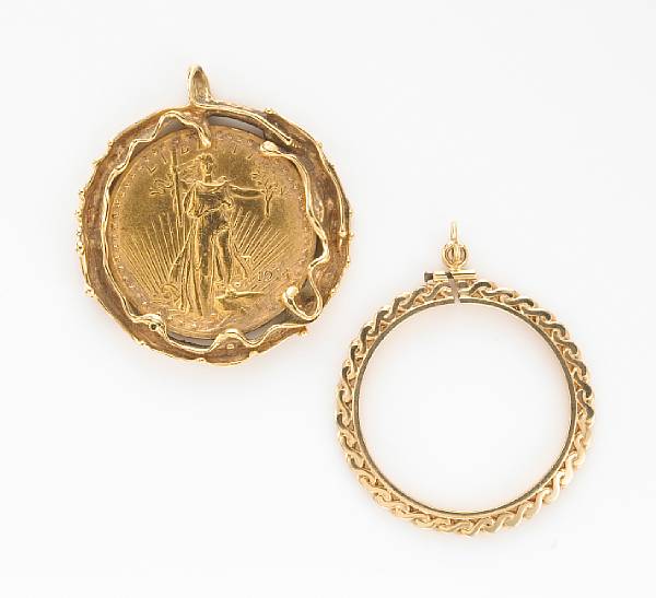 Appraisal: A Saint-Gaudens gold coin and k gold pendant with extra