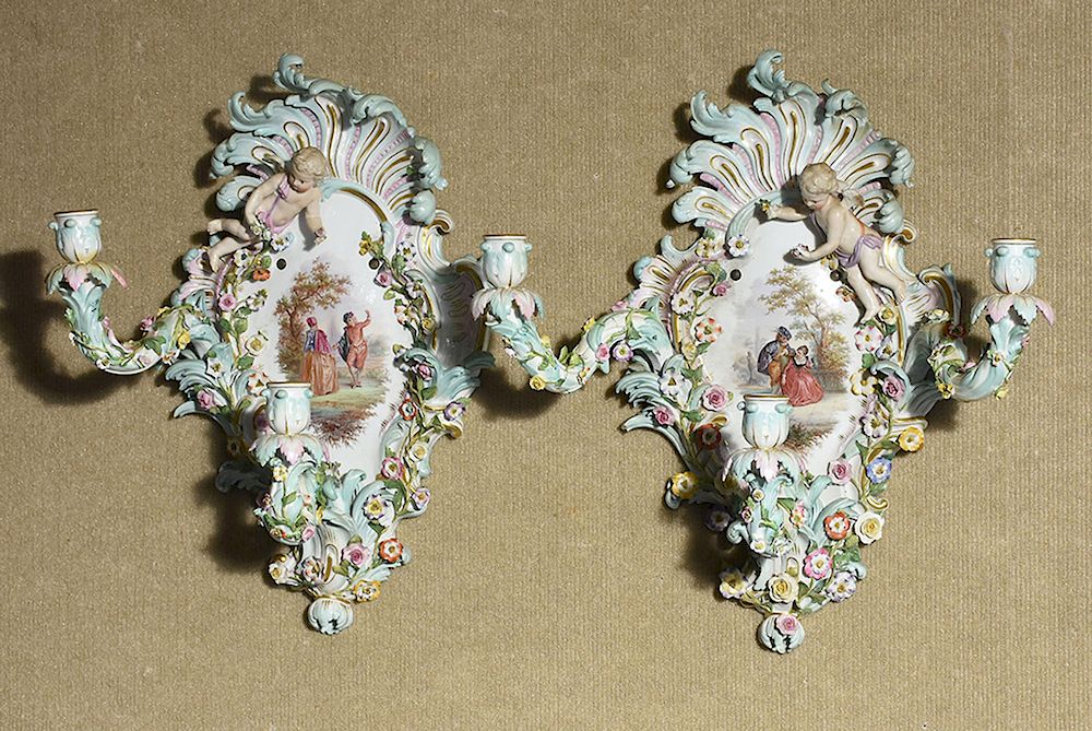 Appraisal: Pair of Rococo style Meissen wall sconces Pair of Rococo