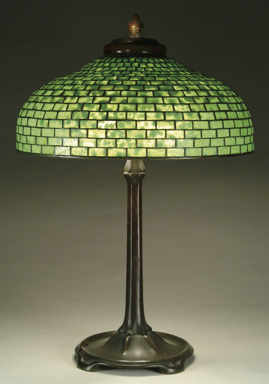 Appraisal: TIFFANY GEOMETRIC TABLE LAMP Apple green mottled glass shading from