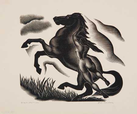 Appraisal: PAUL LANDACRE Black Stallion Wood engraving x mm x inches