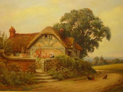 Appraisal: D H WINDER Thatched Cottage Near a Country Lane Church