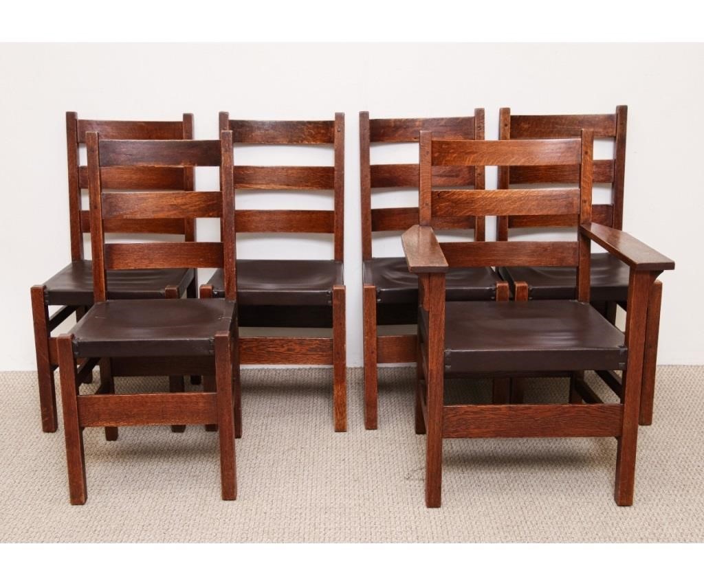 Appraisal: Set of six Arts Crafts Mission oak chairs in the