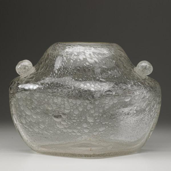 Appraisal: SCHNEIDER Large four-sided clear glass vessel with bubbles Etched SCHNEIDER