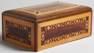 Appraisal: Parquetry Cascading Letter Holder Box With geometric designs in walnut