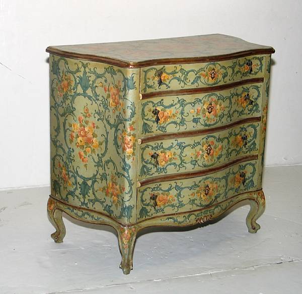 Appraisal: An Italian Rococo style paint decorated chest of drawers mid