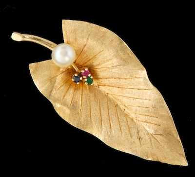 Appraisal: A Ladies' Gold and Gemstone Leaf Brooch k yellow gold