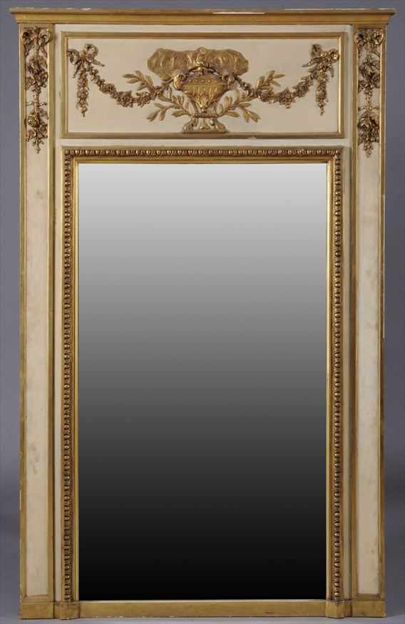 Appraisal: LOUIS XVI STYLE CARVED PAINTED AND PARCEL-GILT TRUMEAU MIRROR The