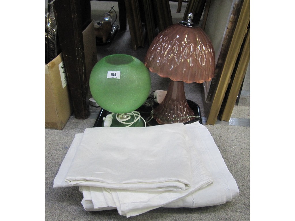 Appraisal: Two glass table lamps and two table cloths