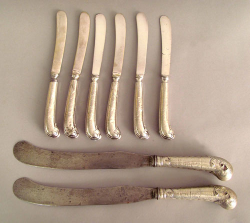 Appraisal: Six Georgian style pistol grip silver fruit knives together with