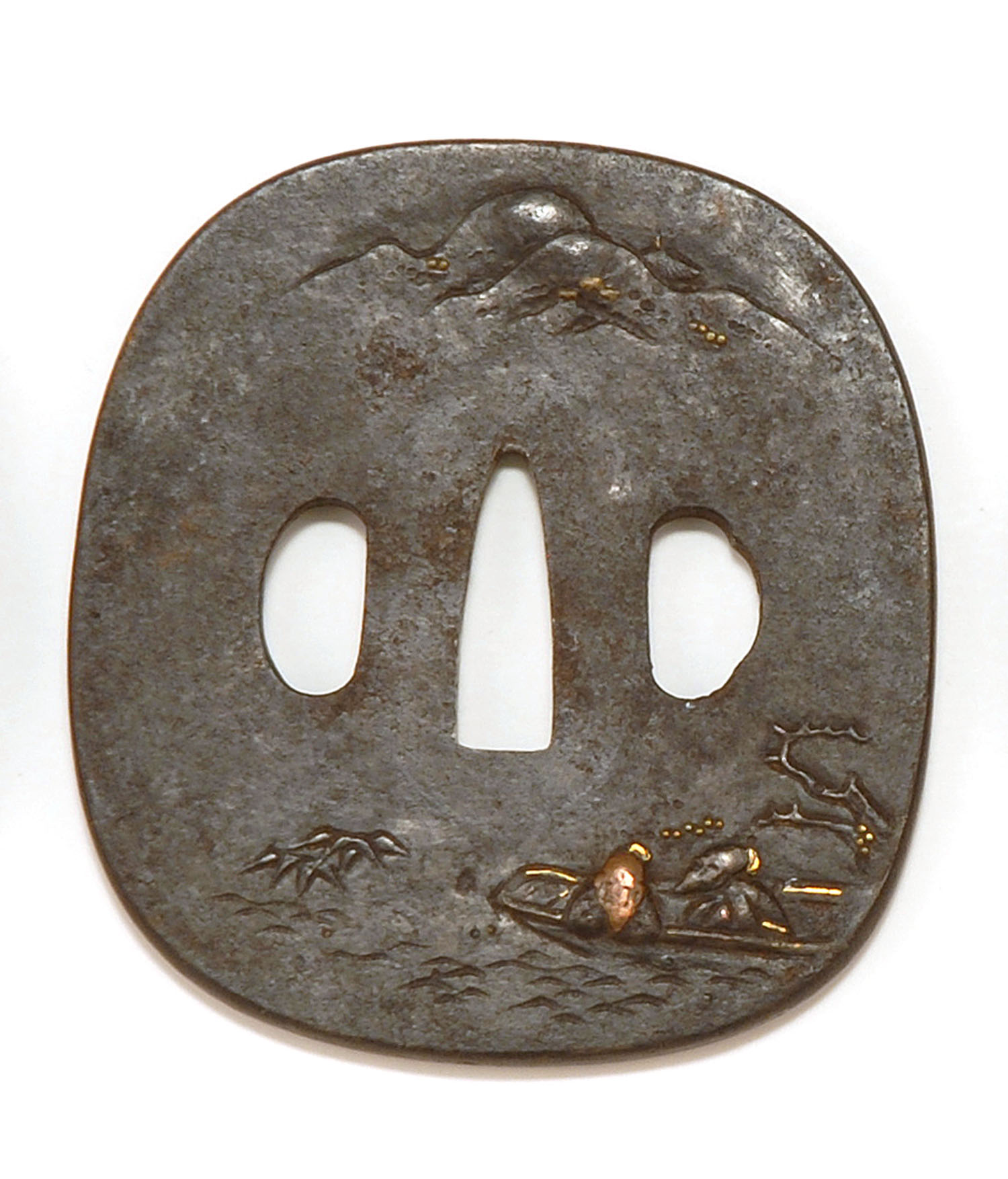 Appraisal: INLAID IRON HOKEI-FORM TSUBA th CenturyWith inlaid relief of two