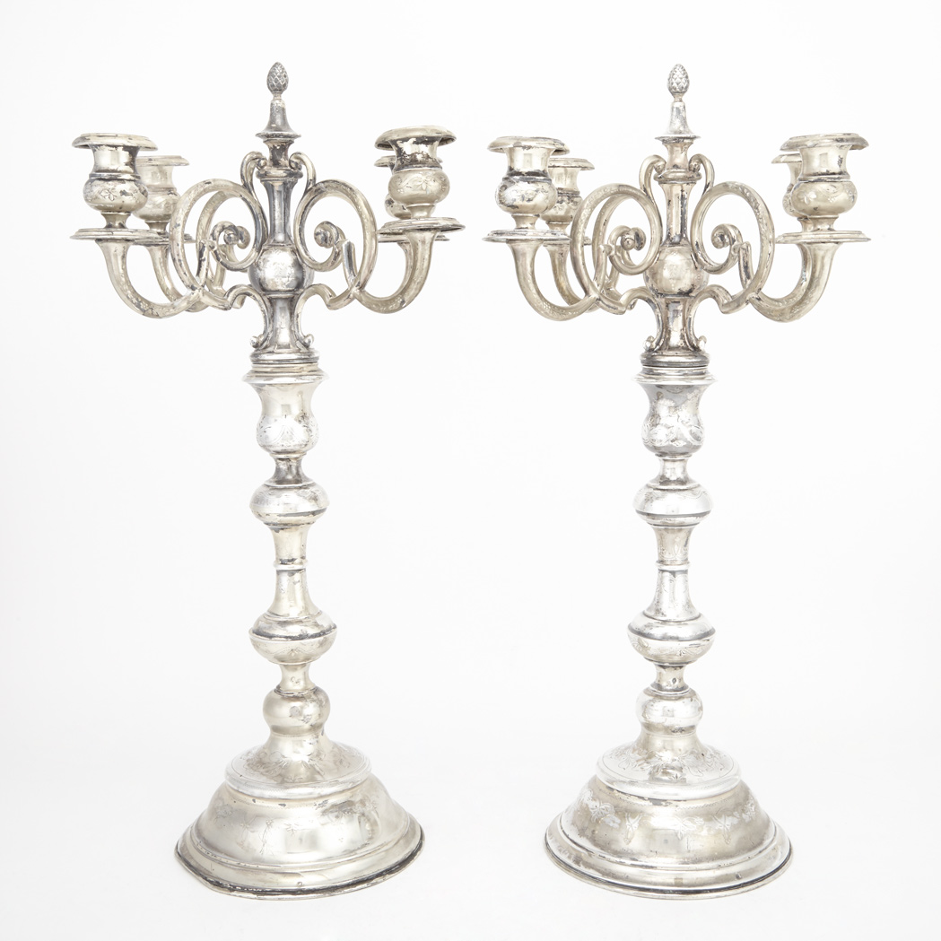 Appraisal: Pair of Austrian Silver Four-Light Candelabra Late th century Each