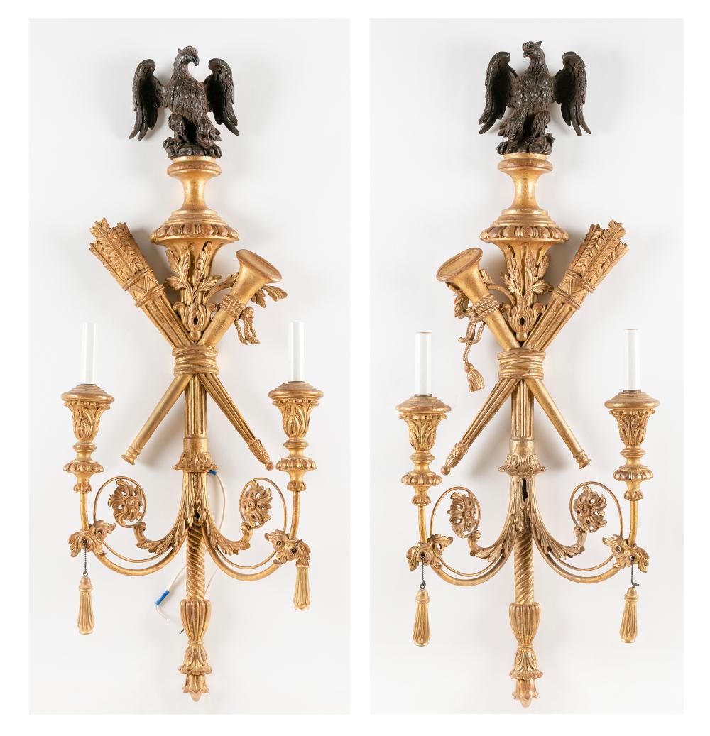 Appraisal: PAIR OF NEOCLASSICAL-STYLE PARCEL-GILTWOOD TWO-LIGHT WALL SCONCES EARLY TH CENTURY