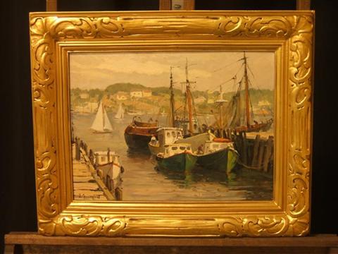 Appraisal: JACOB I GREENLEAF AMERICAN - LOBSTER BOATS Oil on canvas