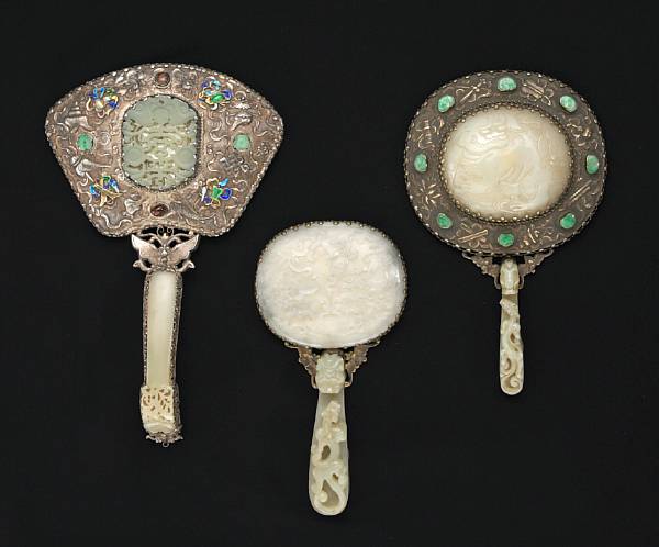 Appraisal: A jade and jadeite-mounted silver and glass hand mirror The