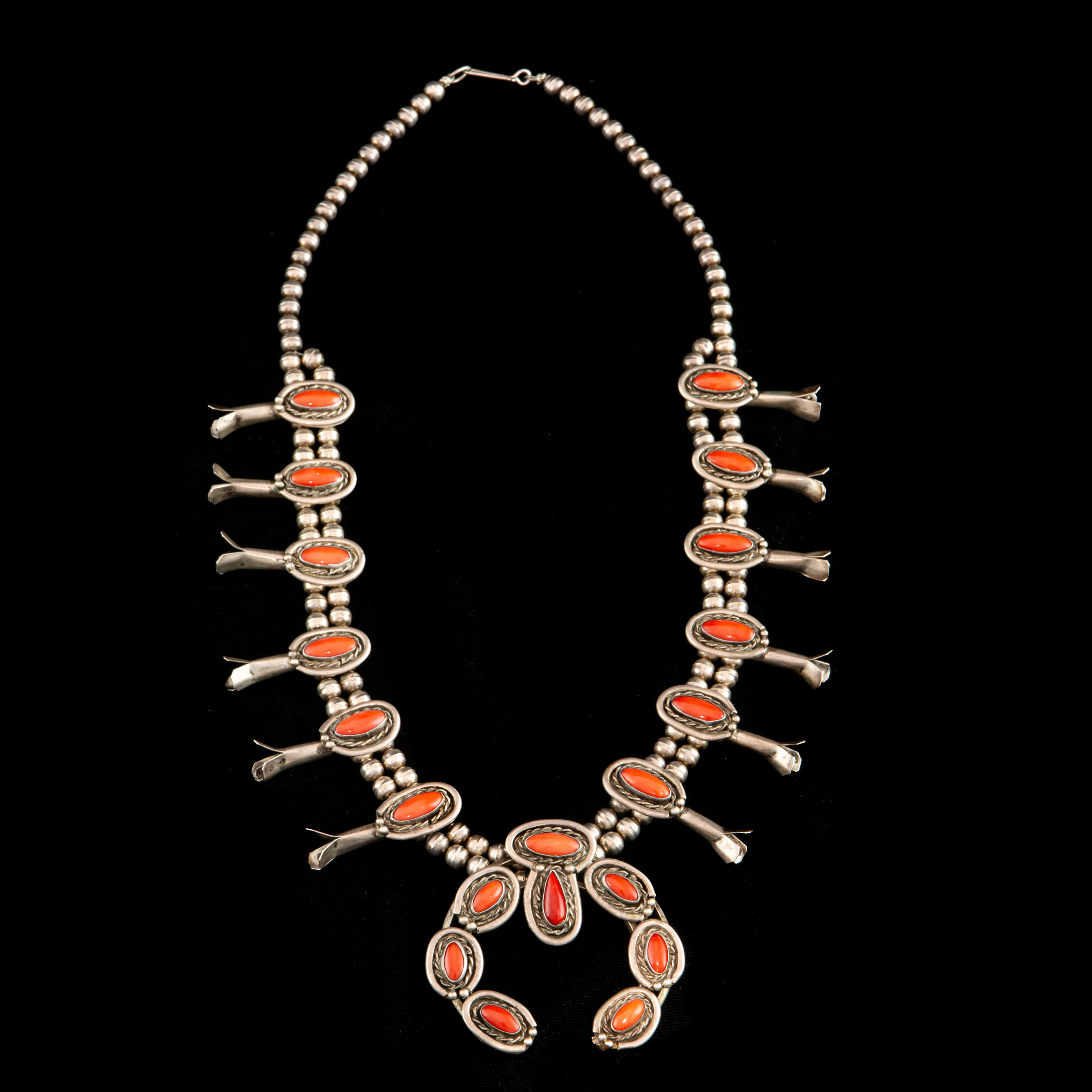 Appraisal: VINTAGE CORAL INLAID SQUASH BLOSSOM NECKLACE FITTED WITH A HORSE