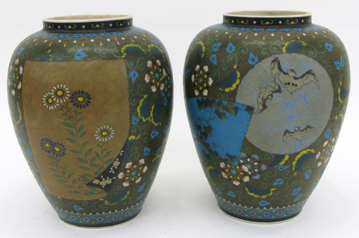 Appraisal: PAIR JAPANESE TOTAI CLOISONNE ON PORCELAIN VASES by Takeuchi Chubei