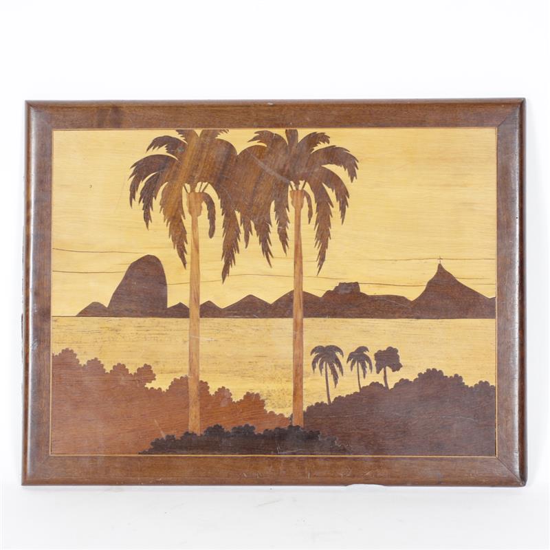 Appraisal: Scenic marquetry plaque panel with inlaid beach and palm trees